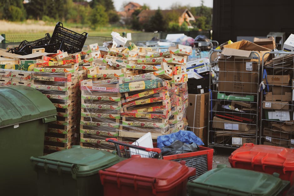 The image depicts an outdoor area used for rubbish and waste collection, featuring multiple stacks of cardboard boxes, primarily filled with empty fruit and vegetable packaging with bright colors and visible branding, arranged in the center. Surrounding the boxes are several large plastic bins with hinged lids in green, red, and blue, positioned on the ground. To the right, there are metal wire cages filled with various cardboard boxes and recyclable materials, some open and partially filled, with visible shipping labels and packing tape. In the background, a paved surface extends toward a rural landscape with trees, fields, and distant residential buildings under natural daylight. The scene suggests an informal or private waste collection setup, typical of rubbish removal services operating outside a residential property, aligning with private waste disposal or alternative rubbish handling options. The environment appears clean, organized, and indicative of ongoing rubbish removal processes facilitated by a professional waste management company, Rubbish Removal Bromley, for efficient and environmentally responsible clearance.