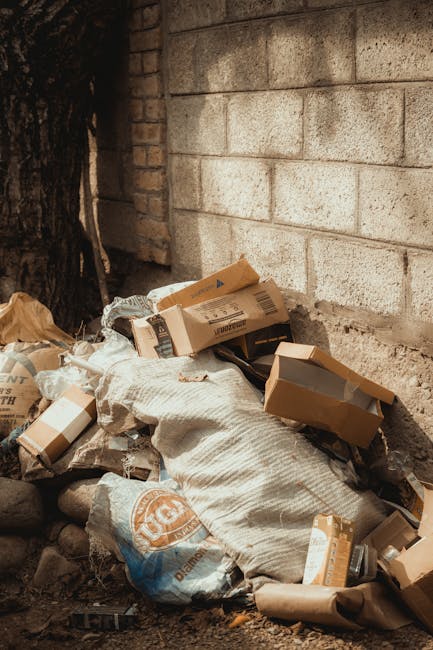 A collection of discarded cardboard boxes, some flattened and others partially assembled, are piled against a rough concrete wall outdoors. The boxes vary in size and color, with typical brown corrugated cardboard, some bearing printed labels or markings. A large, white, woven sack or bag is also visible among the debris, partially bulging and resting on uneven ground scattered with small rocks and dirt. The scene is shaded by overhead foliage or structure, giving a muted, natural lighting effect. In the background, a brick wall and tree trunk are partially visible, indicating the waste is located in an alleyway, garden corner, or outside a building. The overall scene conveys an informal rubbish dump, typical of private waste disposal or on-site clearance activities, with no visible signage but consistent with independent rubbish removal services such as those provided by Rubbish Removal Bromley.